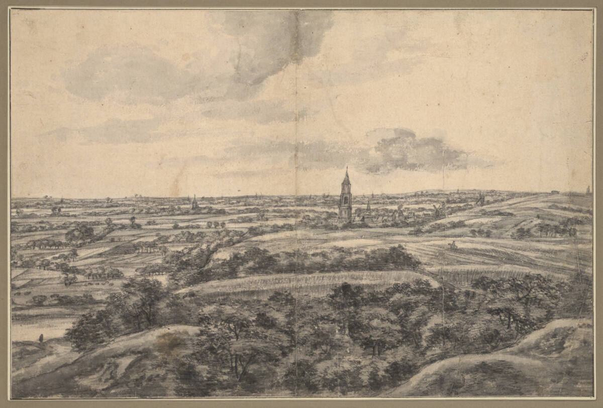 Panoramalandschaft mit Blick auf eine Stadt hinter Hügeln, Antonie Waterloo