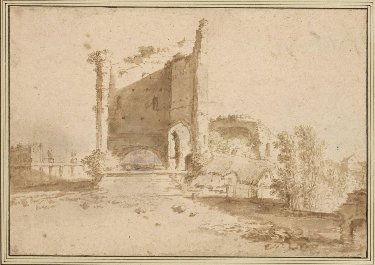 Bewachsene Ruine mit einer Hütte zu ihren Füßen, Bartholomeus Breenbergh