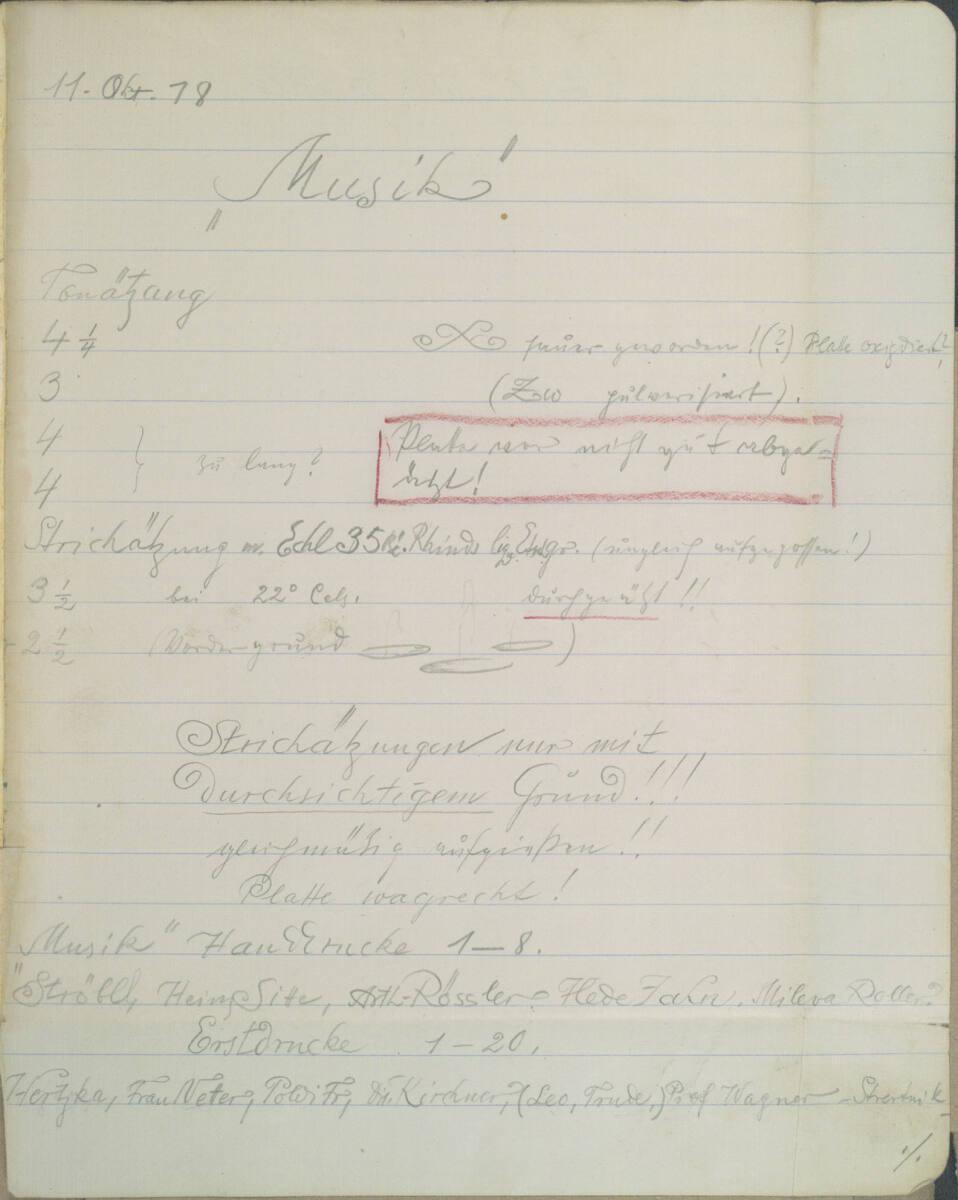 Richard Teschner, Notizen zur Ätzung von "Musik" und Liste mit den Namen der Sammler der Vorzug…