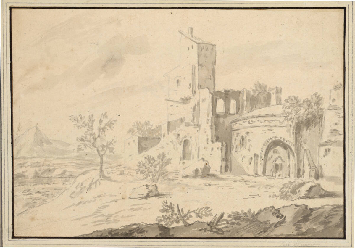 Ein Rundbau, umgeben von häuslich bebauten Ruinen, Bartholomeus Breenbergh