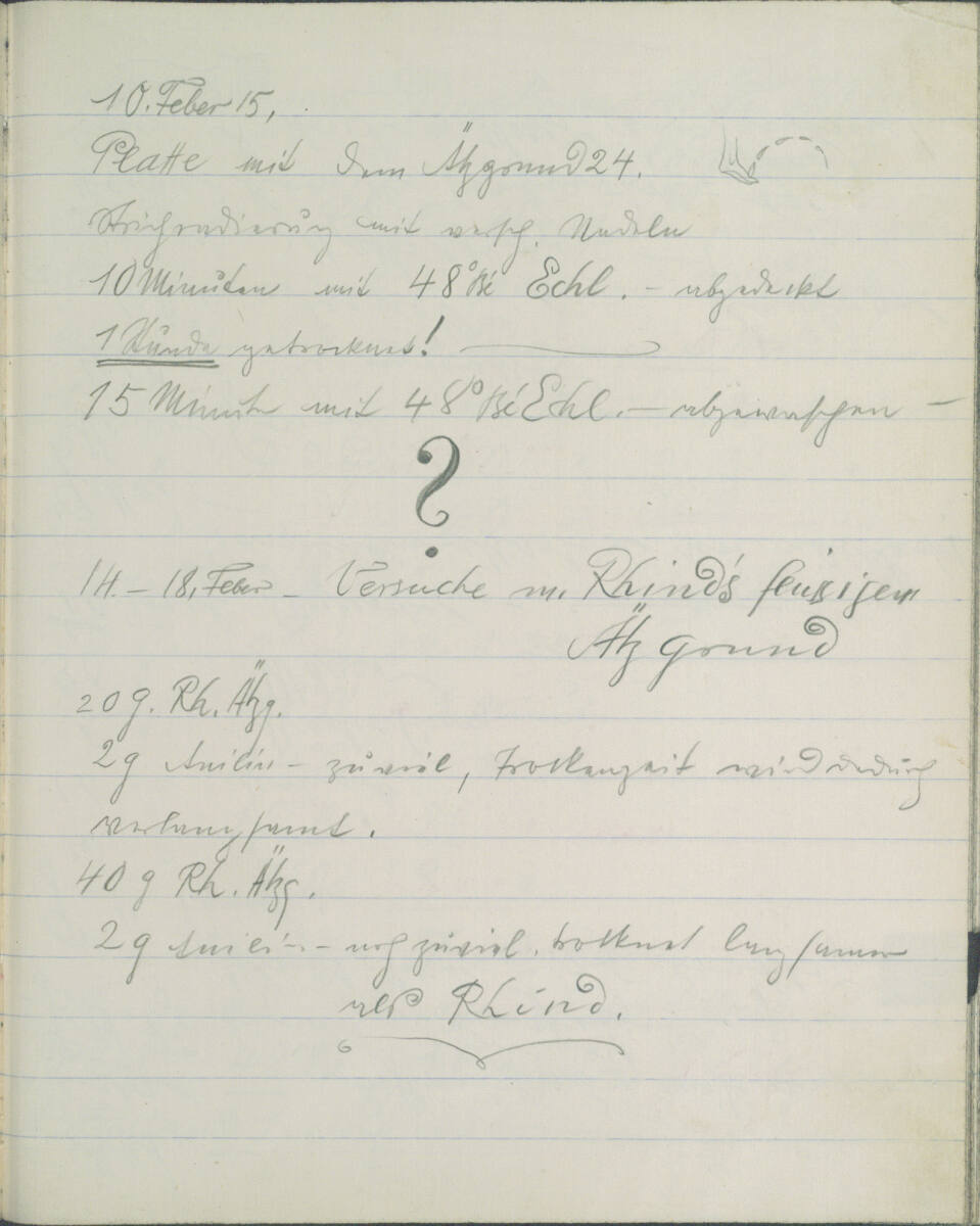 Notizen zu Versuchen mit "Rhind's flüssigem Ätzgrund" (kopfstehend), Richard Teschner
