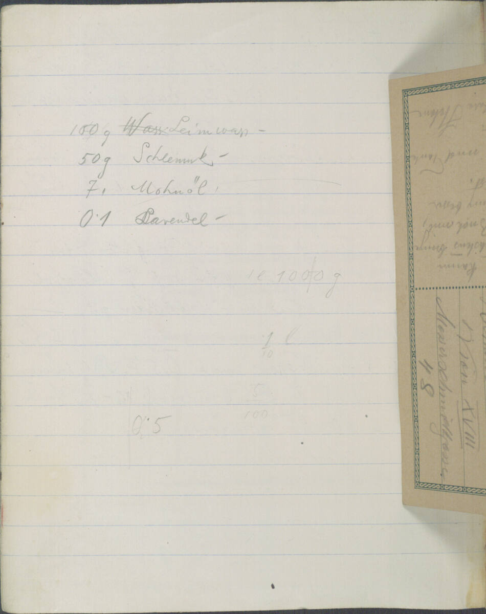 Rezept für flüssigen Leim; eingeklebte Postkarte (siehe Inv.nr. 30798/6v/b und c), Richard Teschner