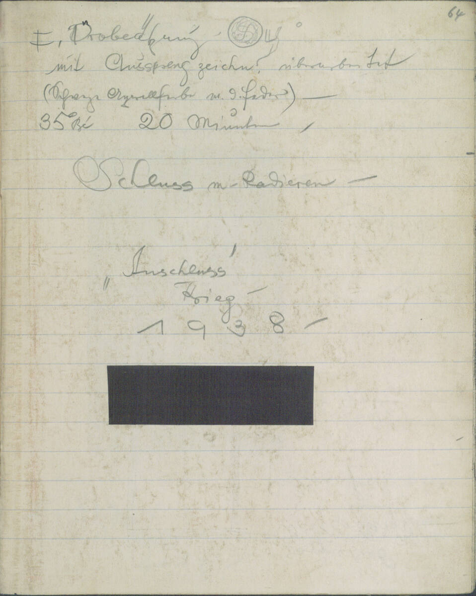 Notizen zu einer Probeätzung; kleine Skizze einer Semmel(?); Bezeichnung: "Schluss m. Radieren 'Anschluss' Krieg 1938", Richard Teschner