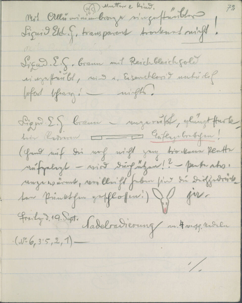 Notizen zu einem Ätzversuch zu "Mutter und Kind"; kleine Skizze eines Rehkopfes (Fortsetzung auf Seite 73r), Richard Teschner