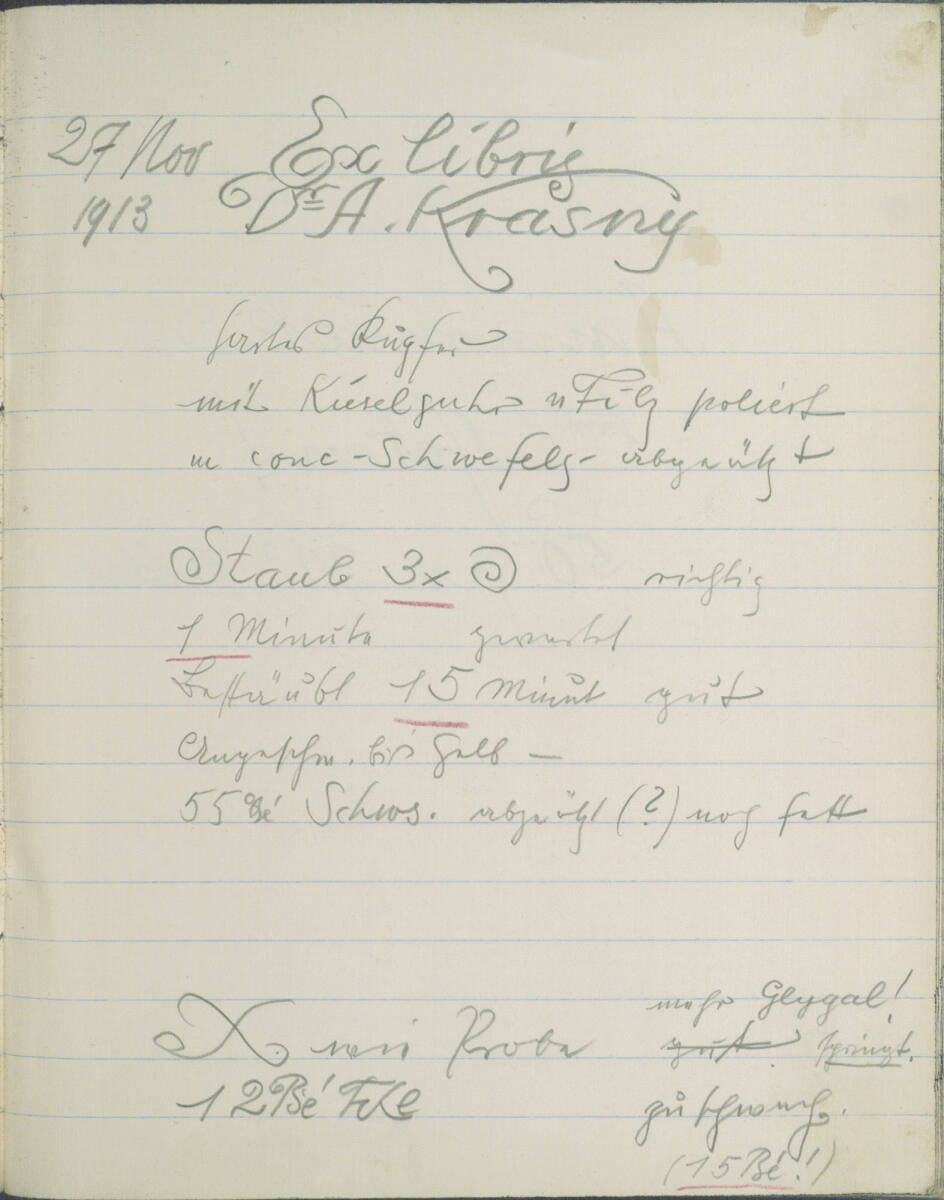 Notizen zu Ätzversuchen zu einem Exlibris für Dr. A. Krasny (kopfstehend), Richard Teschner