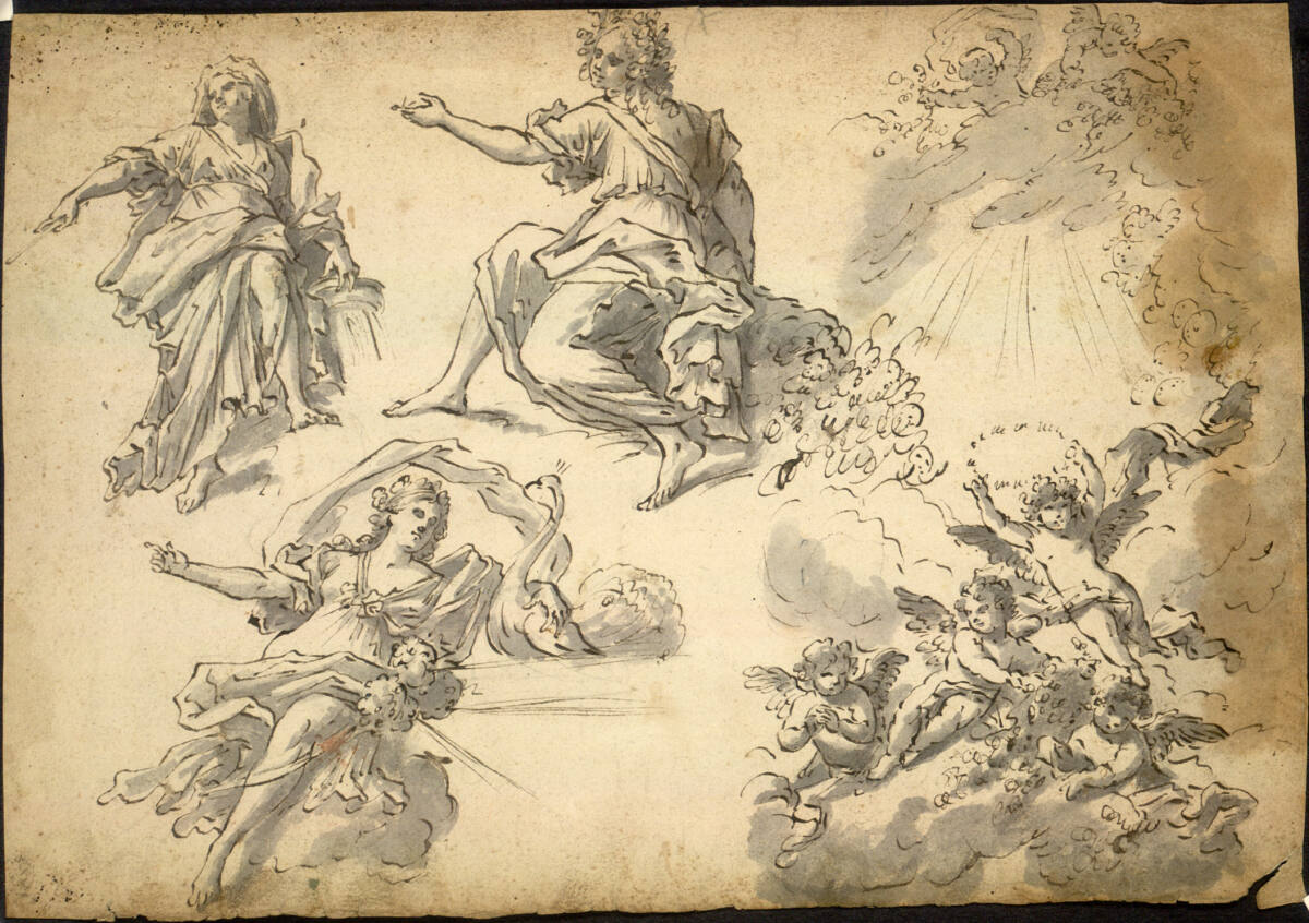 Drei mythologische Figuren; fliegende Putten, Fedele Fischetti, 1734–1789