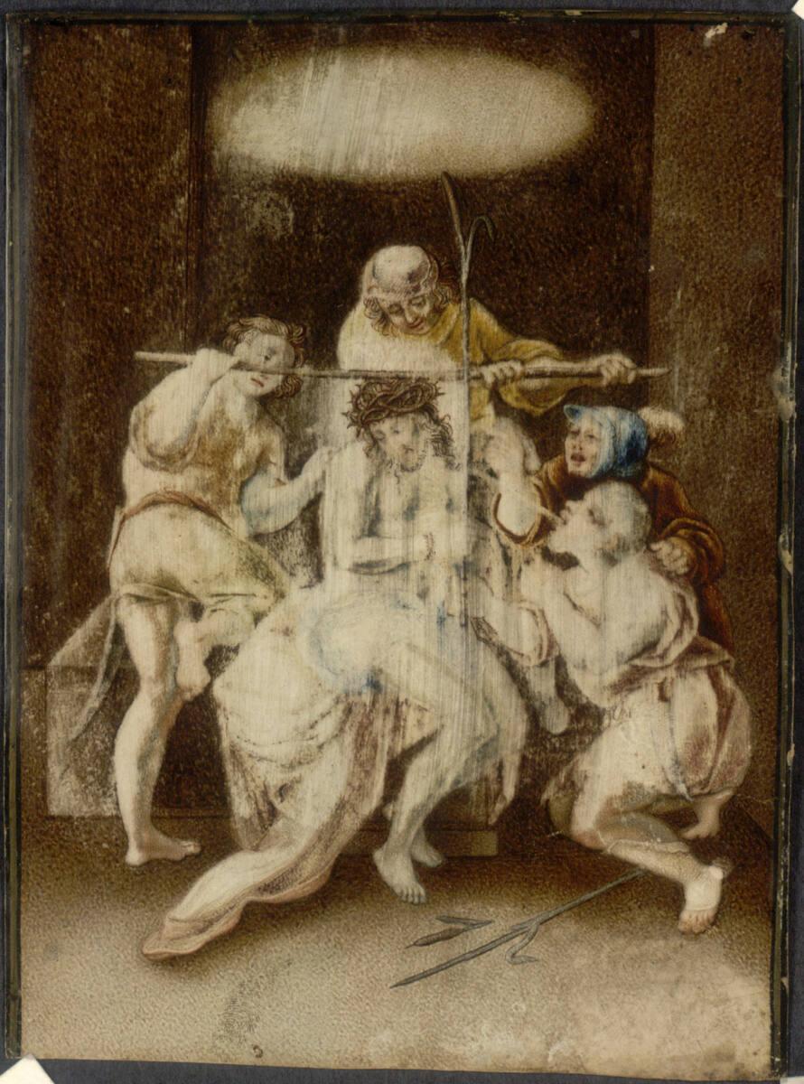 Anonym, Dornenkrönung Christi, Andachtsbildchen auf Pergament, Inv. Nr.: 43910