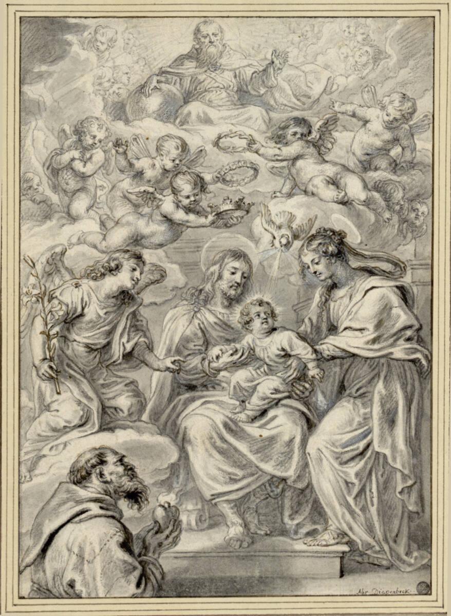 Abraham van Diepenbeeck, Hl. Josef und Maria, die ihm das Jesuskind auf den Schoß setzt, darübe…