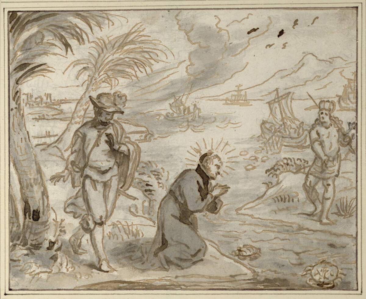 Der hl. Franz Xaver erhält von einer Krabbe sein verlorenens Kruzifix zurück (Stichvorlage), Abraham van Diepenbeeck
