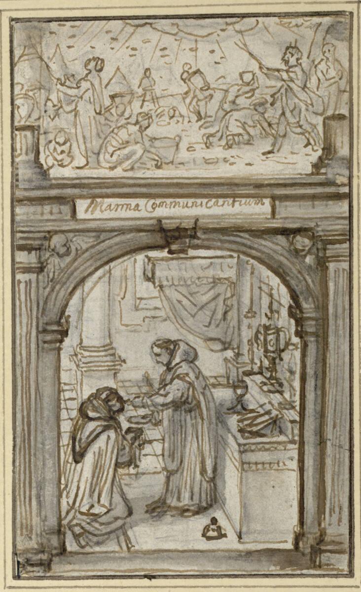 Abraham van Diepenbeeck, Kommunizierender Karmeliter (?) unter einer Arkade - darüber eine Dars…