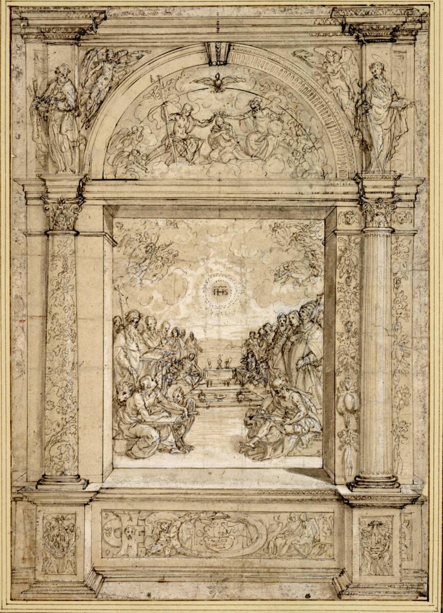 Triumph der Religion (Disputà) in eine architektonischen Umrahmung. (Darüber die Krönung Mariä:…