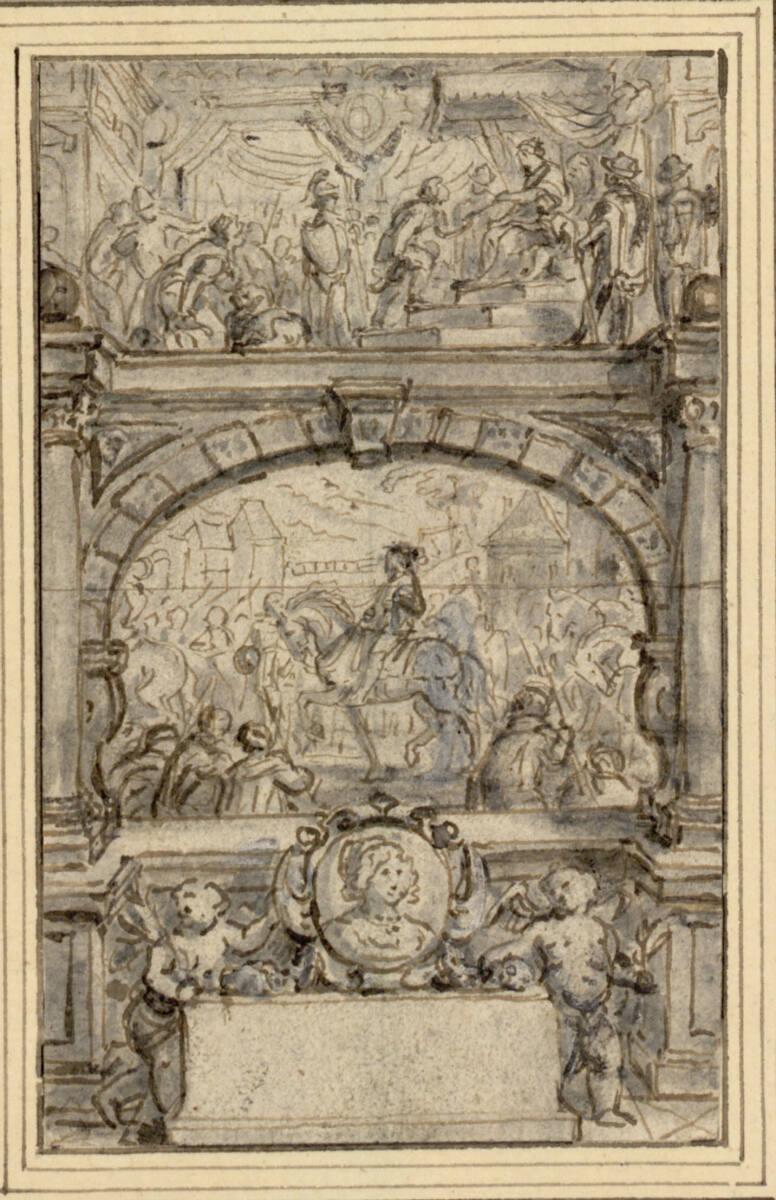 Abraham van Diepenbeeck, Einzug von Graf Monteray in Antwerpen - unten ein Damenbildnis, oben e…