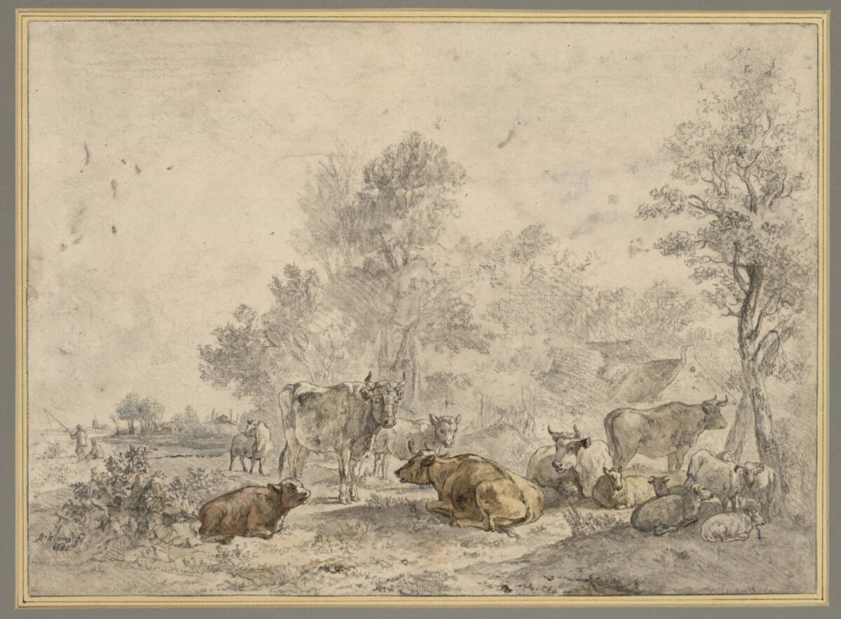 Kühe und Schafe, zum Teil liegend, auf einer Weide, AlbertJansz.Klomp, 1685