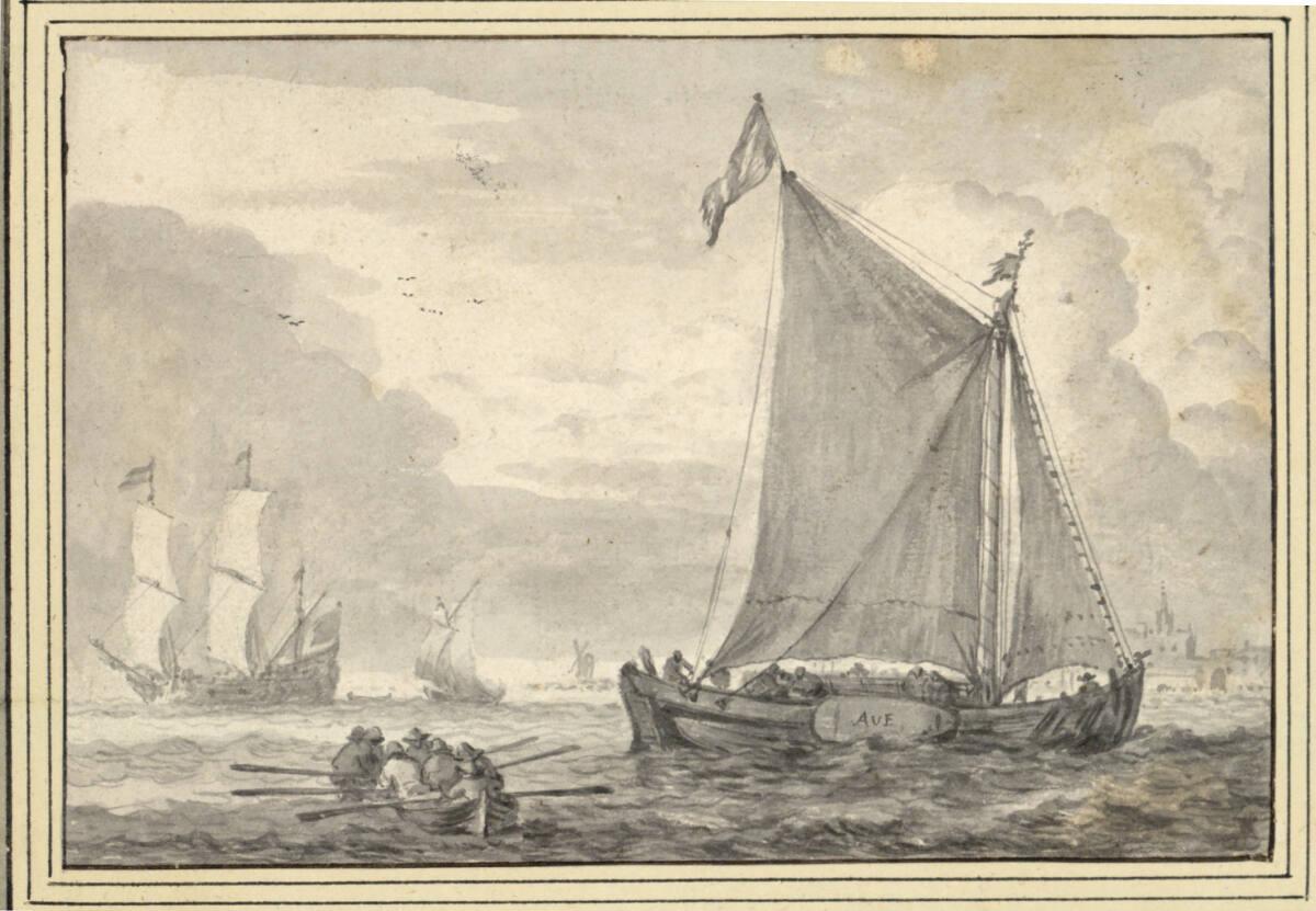 Allart van Everdingen, Segel- und Ruderboot auf ruhiger See, im Hintergrund eine Fregatte und e…