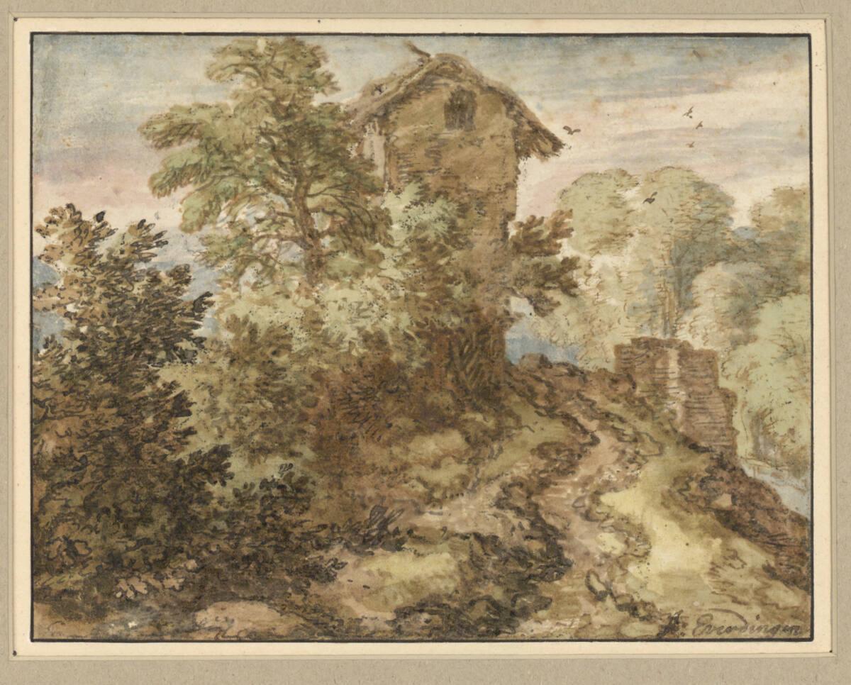 Allart van Everdingen (?), Bewaldeter Hügel mit Weg und Turmruine, Inv. Nr.: 9591