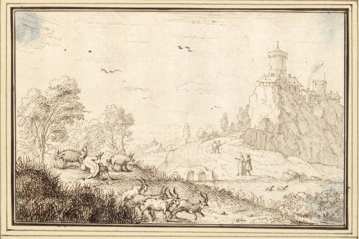 Flußlandschaft mit Burg, vorne vier Ziegen und ein Schweinehirt (I-14c), AlbertFlamen