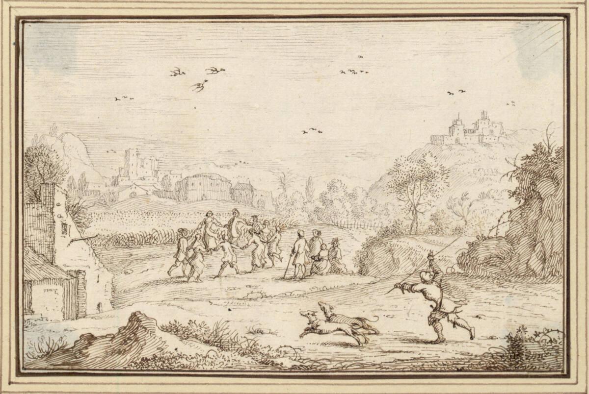 Albert Flamen, Landschaft mit Reigentanz, im Vordergrund zwei Jagdhunde und ein Treiber (I-14d)…