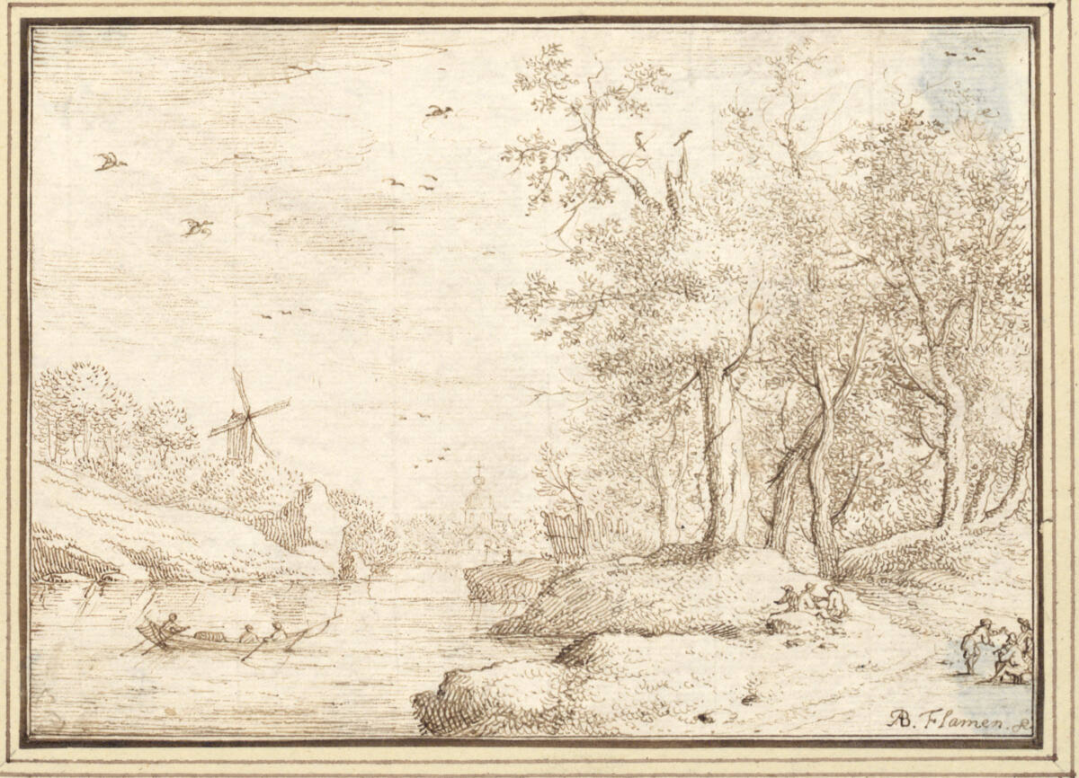 AlbertFlamen, Flußlandschaft mit Waldrand und Windmühle (II-5)