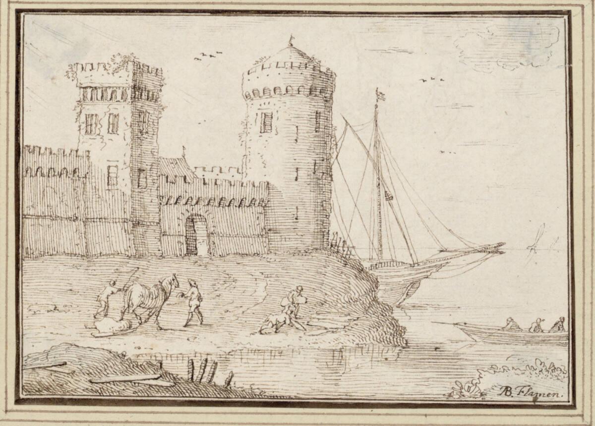 Albert Flamen, Zwei Festungstürme an einer Meeresbucht (II-20), Inv. Nr.: 9633