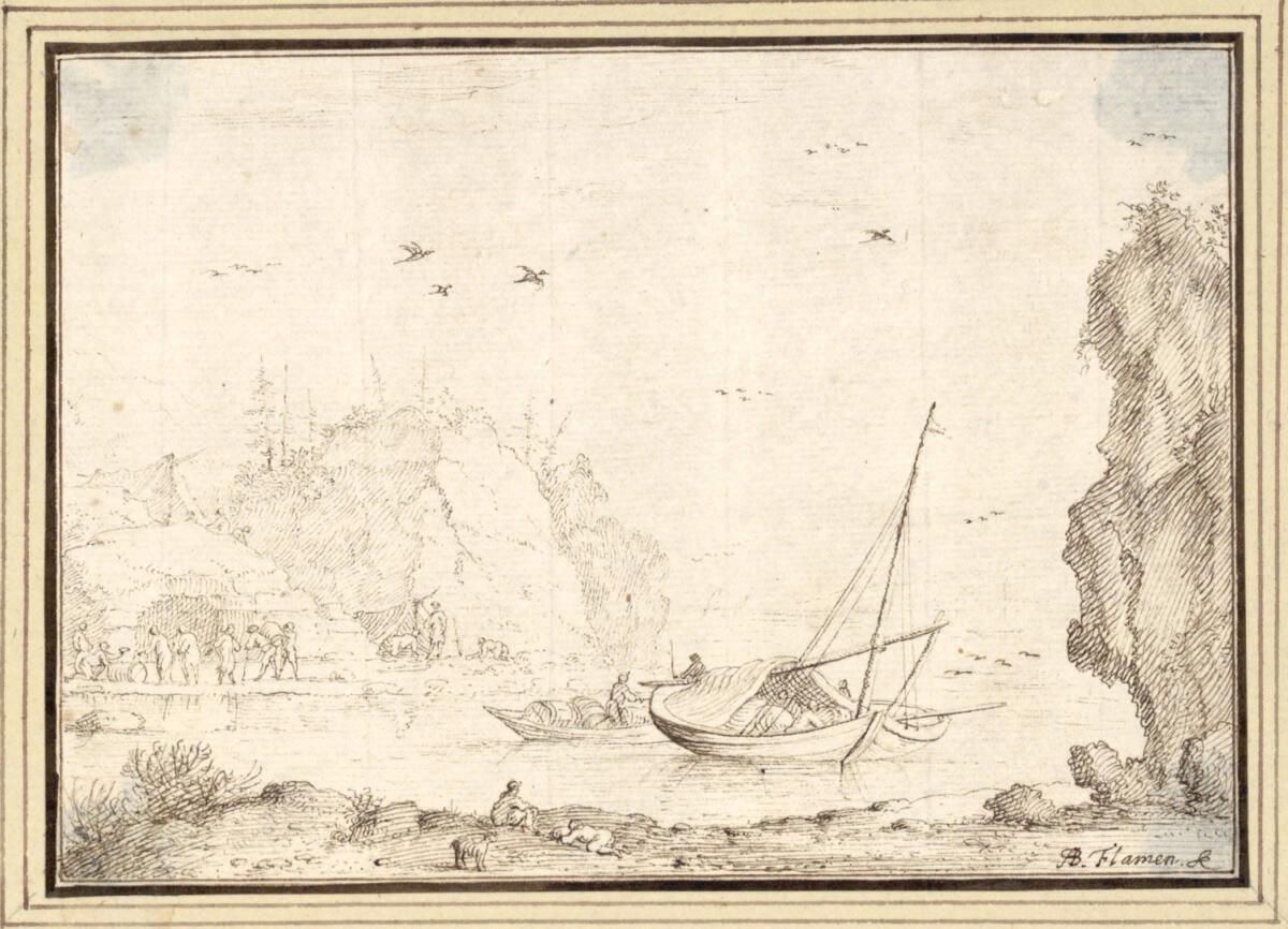 Albert Flamen, Felsige Meeresbucht mit Fässer transportierenden Booten (II-25), Inv. Nr.: 9638