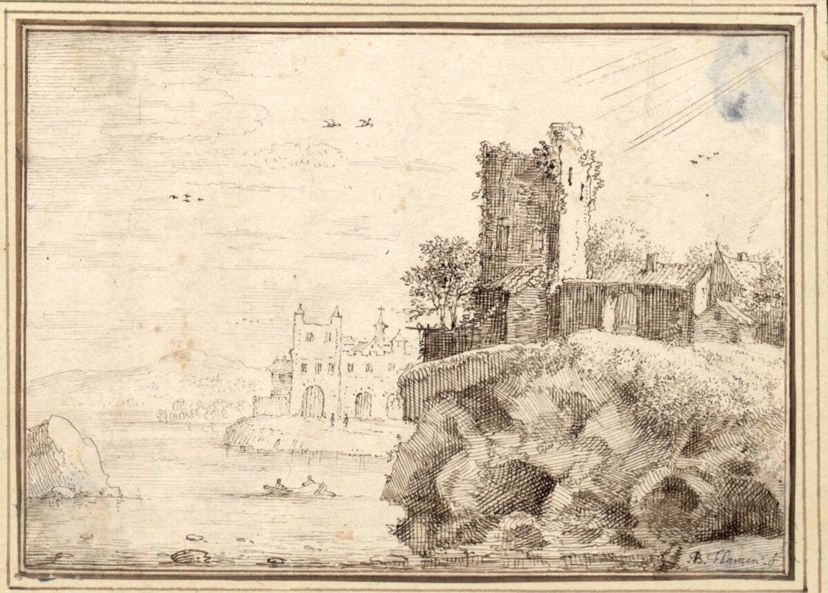 AlbertFlamen, Uferlandschaft mit Ruinen auf einem Felsen (II-30)