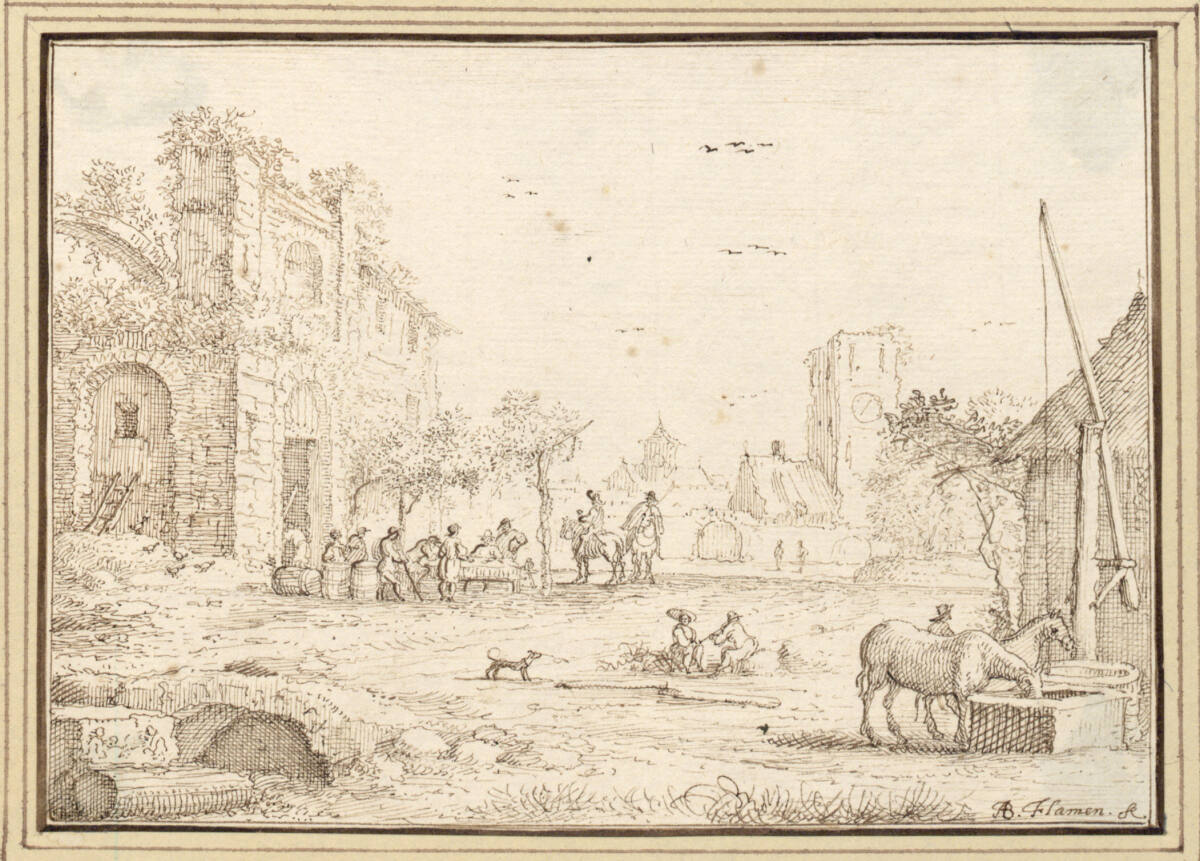 AlbertFlamen, Landschaft mit Ruinen, Wirtshauslaube und Pferden an einem Ziehbrunnen (II-36)