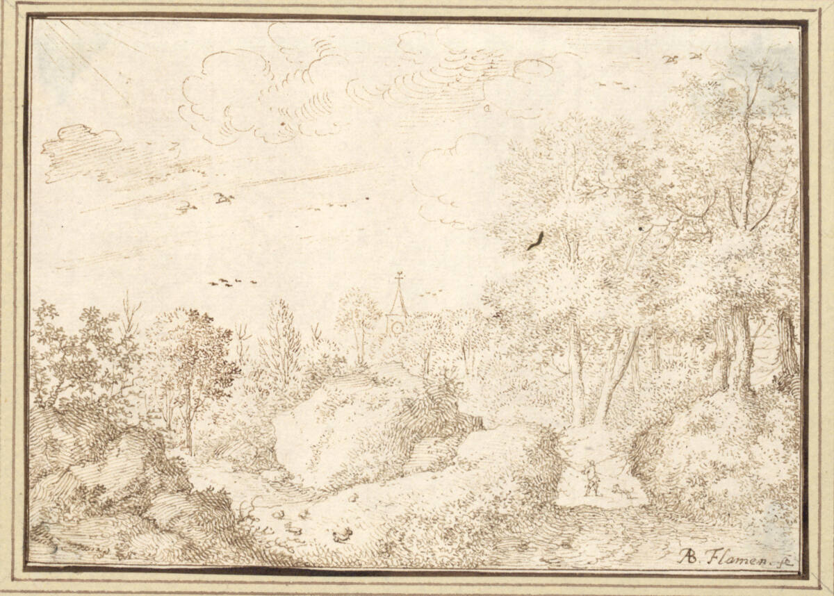 AlbertFlamen, Waldlandschaft mit Hohlweg, in der Ferne ein Kirchturm (II-44)