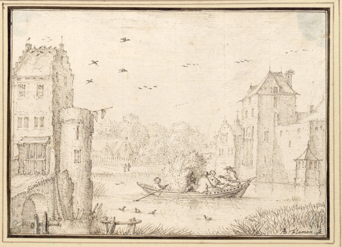 AlbertFlamen, Schloßgraben mit Ruderboot, darauf Paare in einer Laube (III-3)