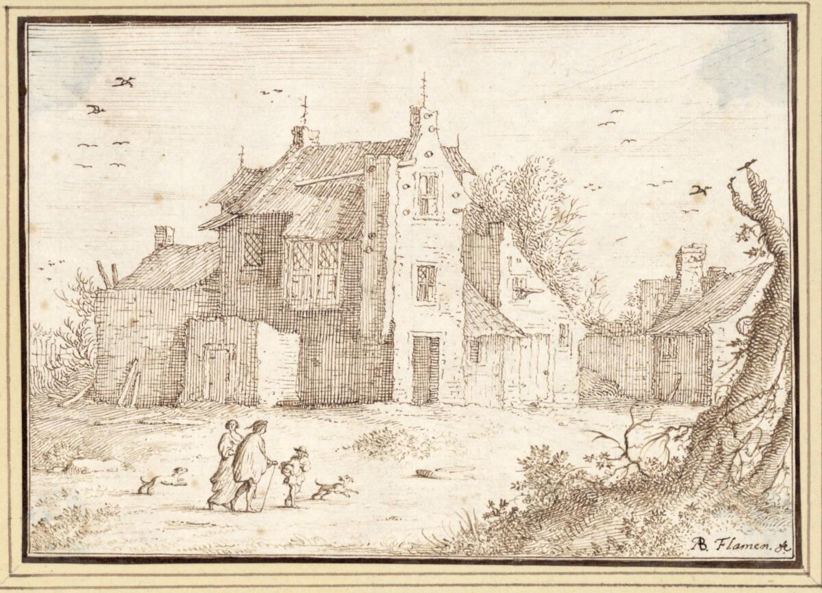 Albert Flamen, Blick auf ein Haus, vorne eine Familie auf Wanderschaft (III-10), Inv. Nr.: 9674