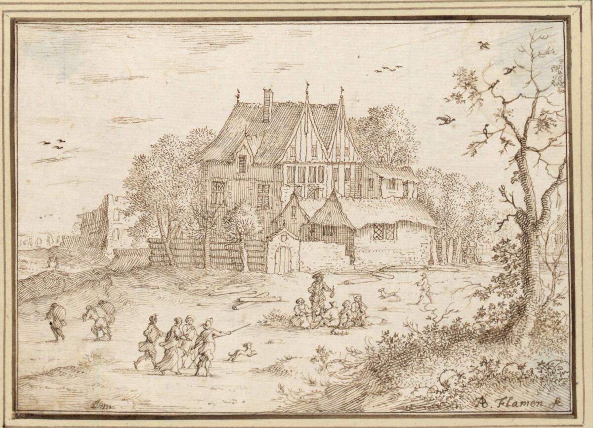 Albert Flamen, Blick auf ein Haus zwischen Bäumen, davor eine fröhliche Gesellschaft auf der Wi…