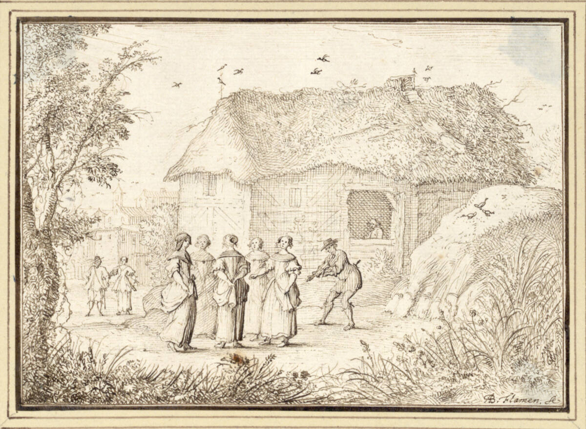 AlbertFlamen, Fünf Frauen und ein Fiedler vor einem Bauernhaus (III-16)