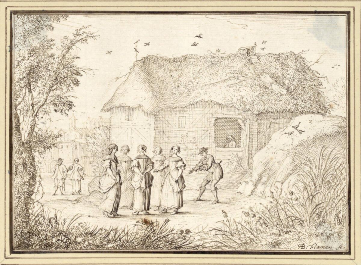 Albert Flamen, Fünf Frauen und ein Fiedler vor einem Bauernhaus (III-16), Inv. Nr.: 9680