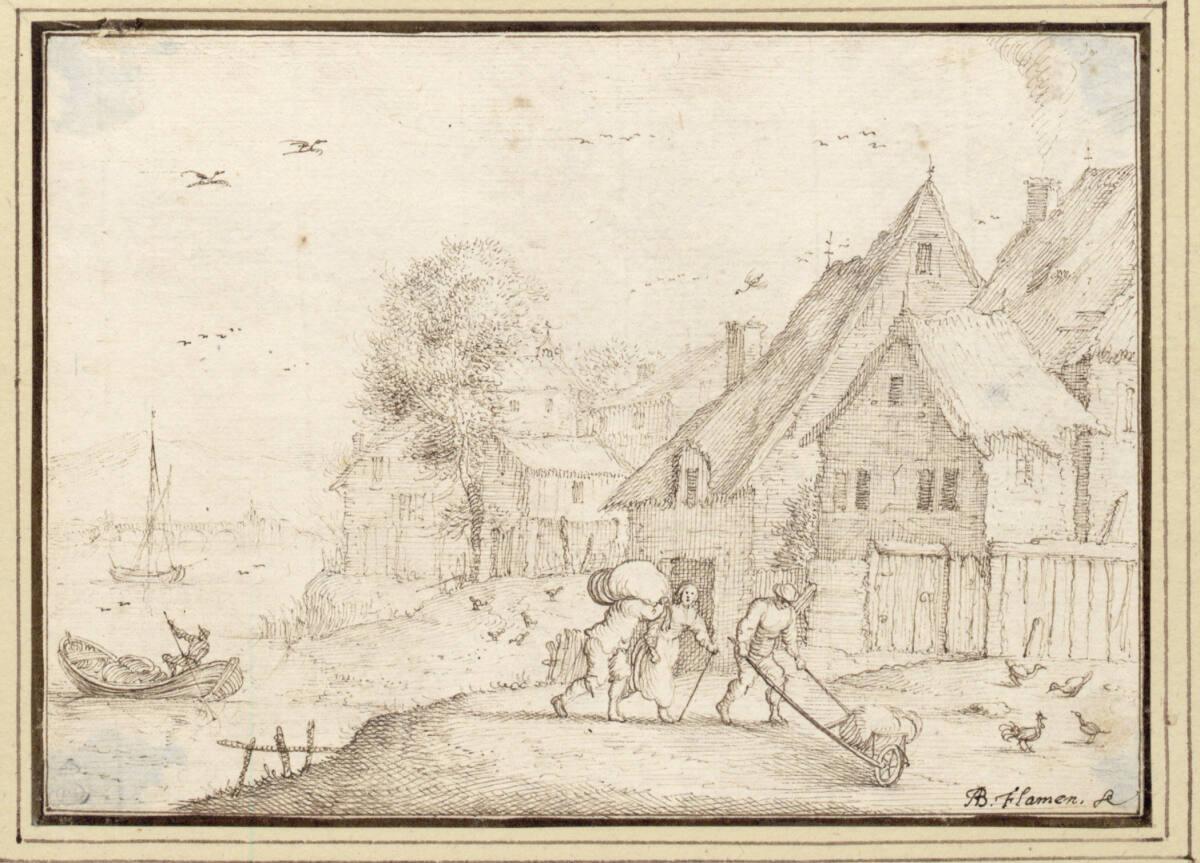 Albert Flamen, Dorfrand am Wasser, vorne zwei Bauern mit Sack und Schubkarre (III-18), Inv. Nr.…