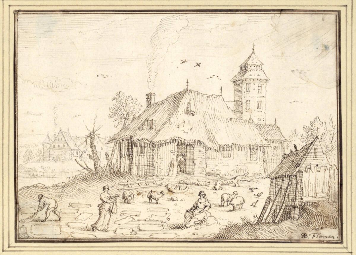 Albert Flamen, Laken ausbreitende Frauen auf einer Wiese vor einem Gehöft (III-28), Inv. Nr.: 9…