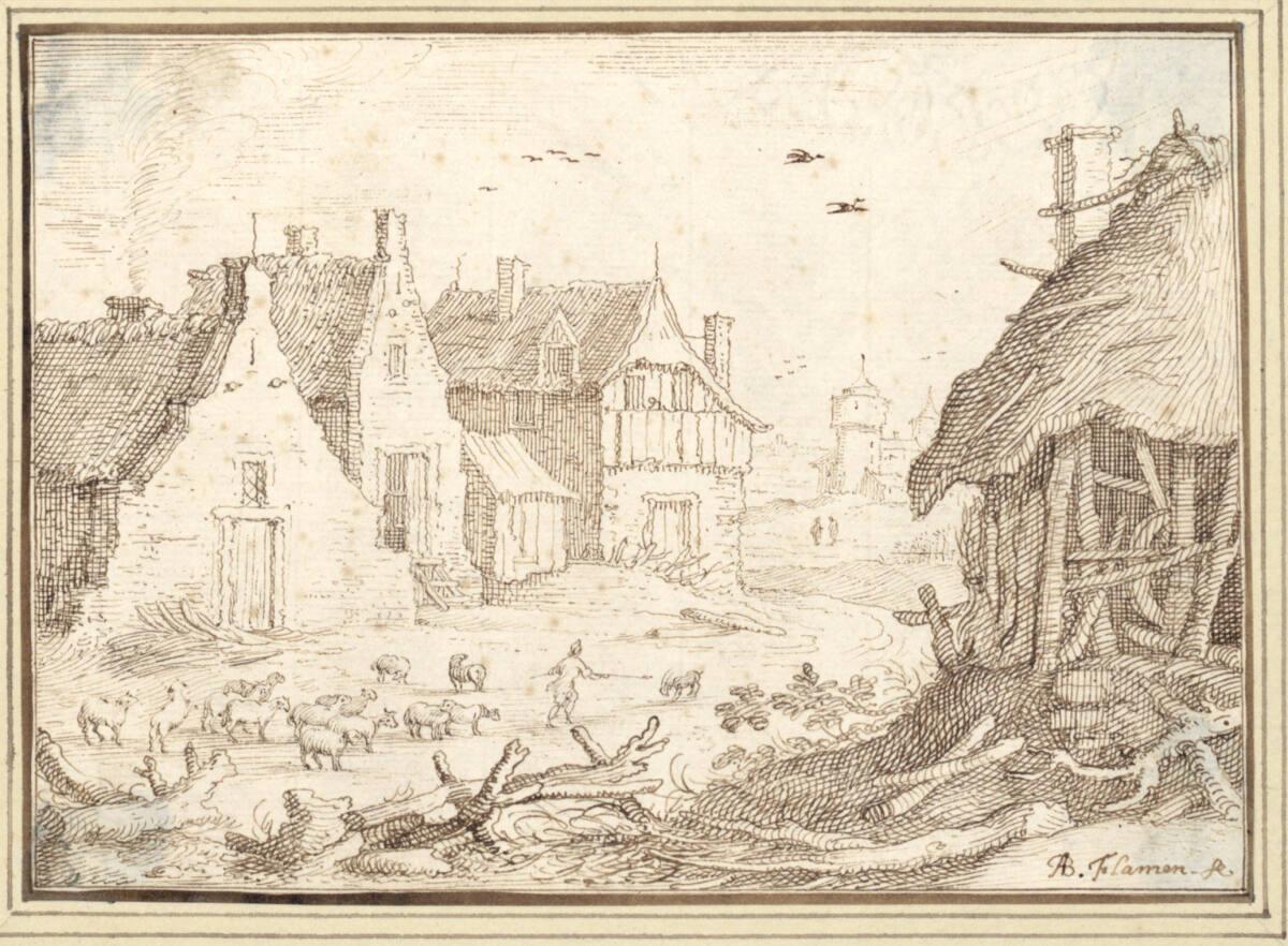 Albert Flamen, Dorfstraße mit Schafherde (III-35), Inv. Nr.: 9699