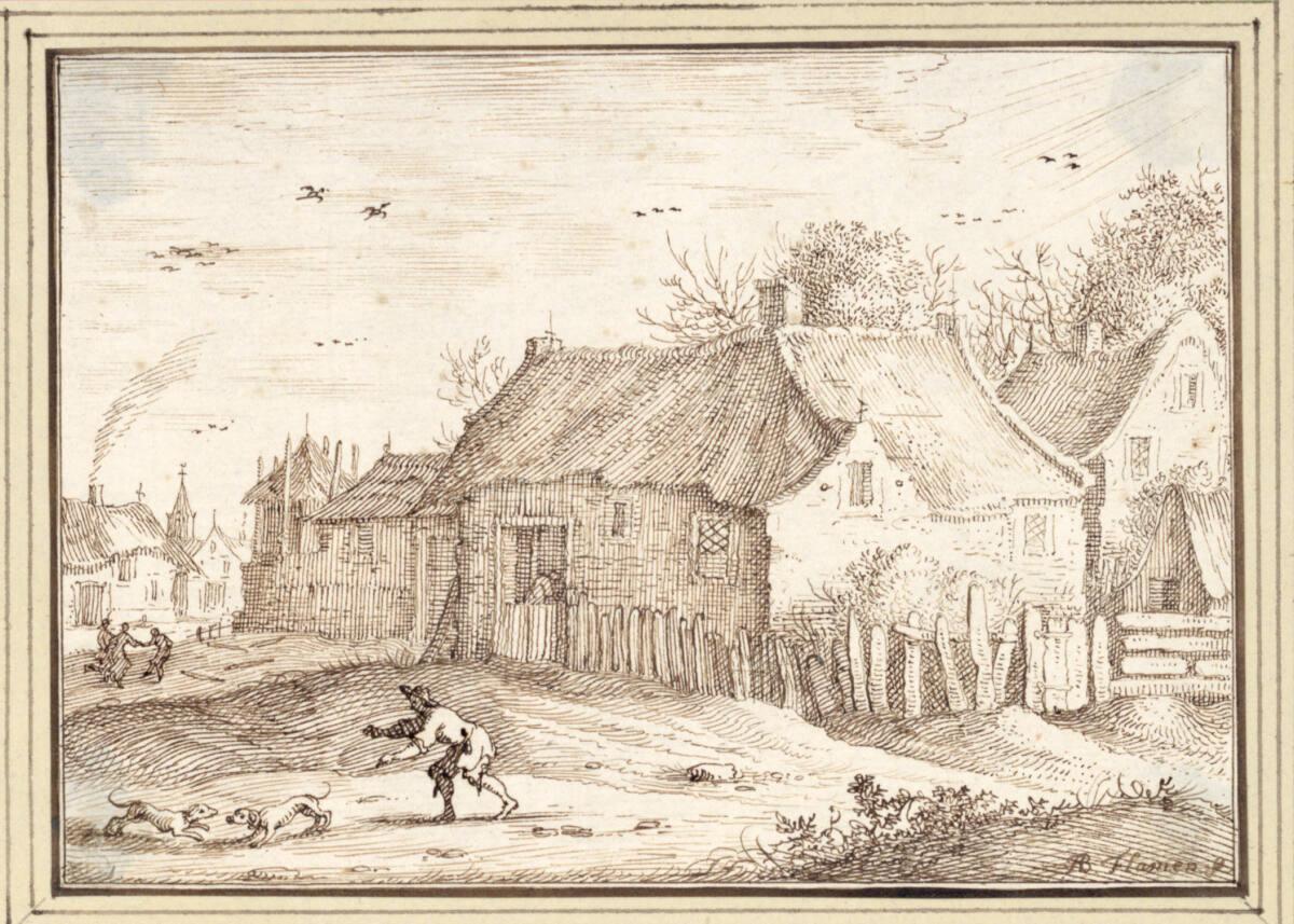 Albert Flamen, Dorfrand mit Bettler und zwei raufenden Hunden (III-43), Inv. Nr.: 9707