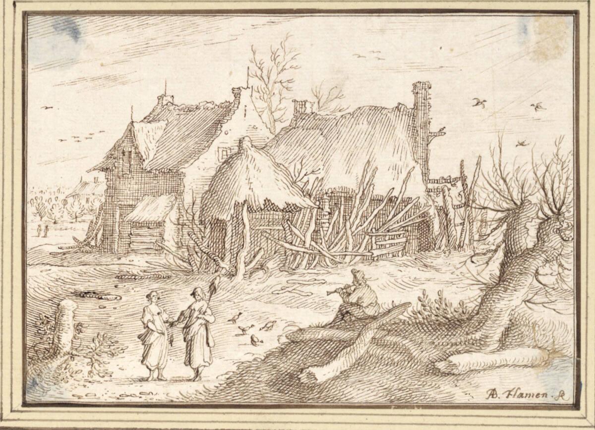 Albert Flamen, Bauernhaus, davor zwei Frauen und ein Flötenspieler (III-49), Inv. Nr.: 9713