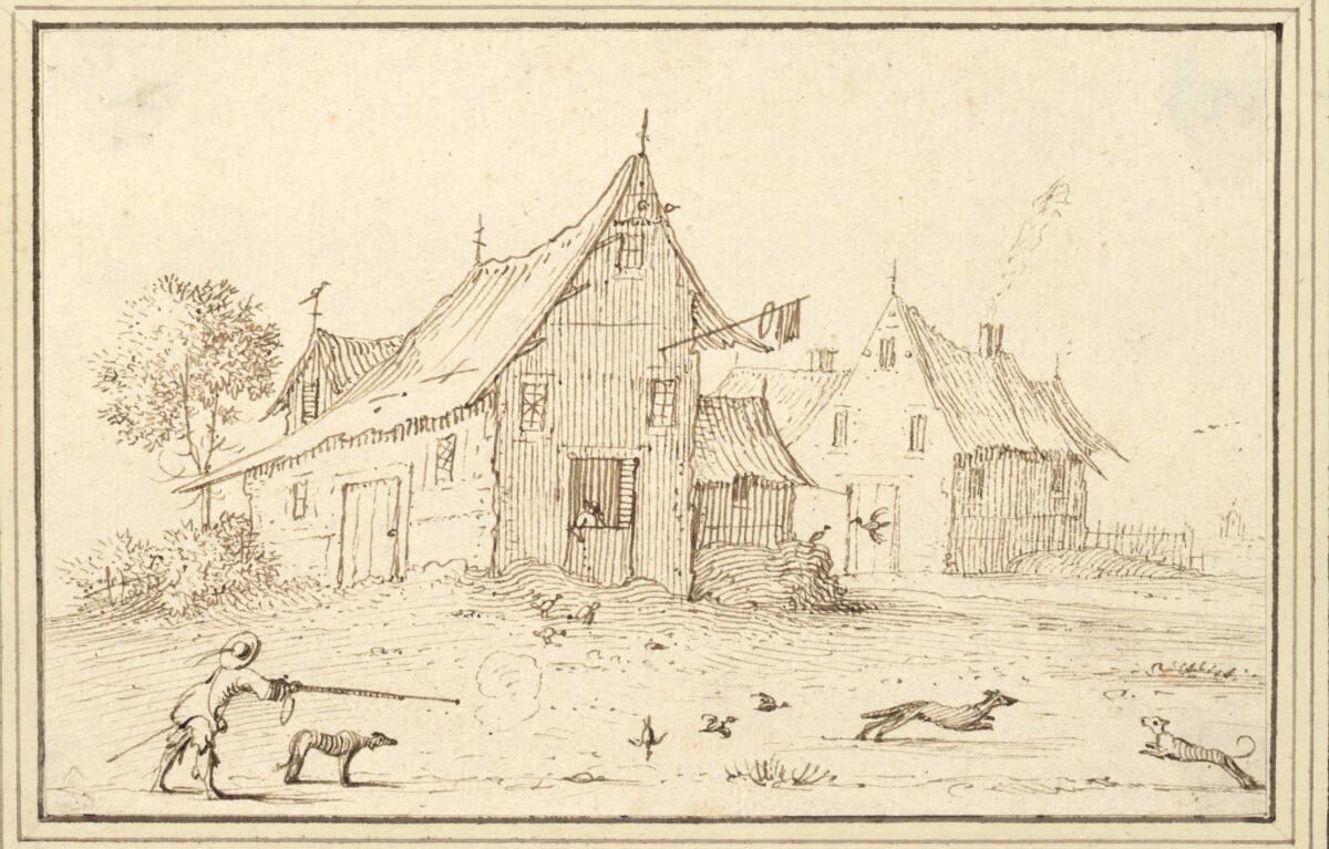 Albert Flamen, Blick auf ein Wirtshaus, davor ein Jäger, der einen Vogel schießt (IV-20), Inv. …