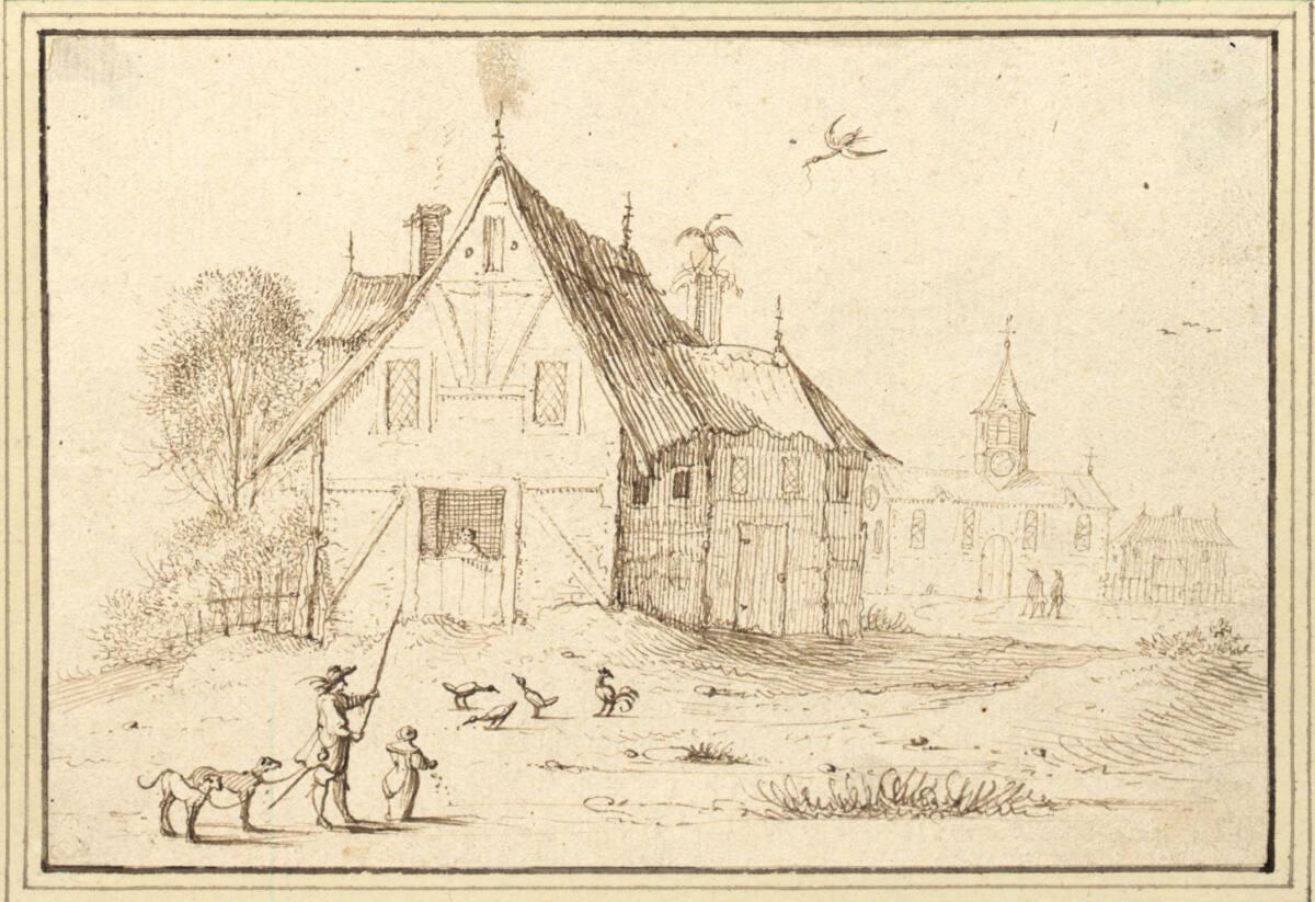 Albert Flamen, Blick auf ein Bauernhaus, davor ein Jäger mit Hunden und ein Hühner fütterndes M…