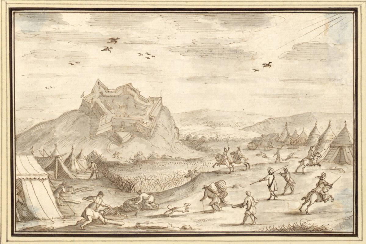 Albert Flamen, Feldlager vor der vogelperspektivischen Ansicht einer Festung (IV-39), Inv. Nr.:…