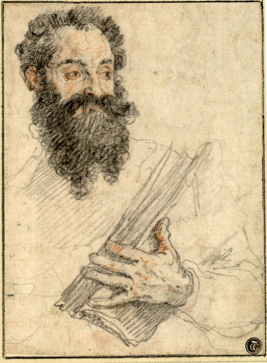 Halbfigur eines bärtigen Mannes nach rechts; mit der Linken hält er ein großes Buch, Federico Zuccari