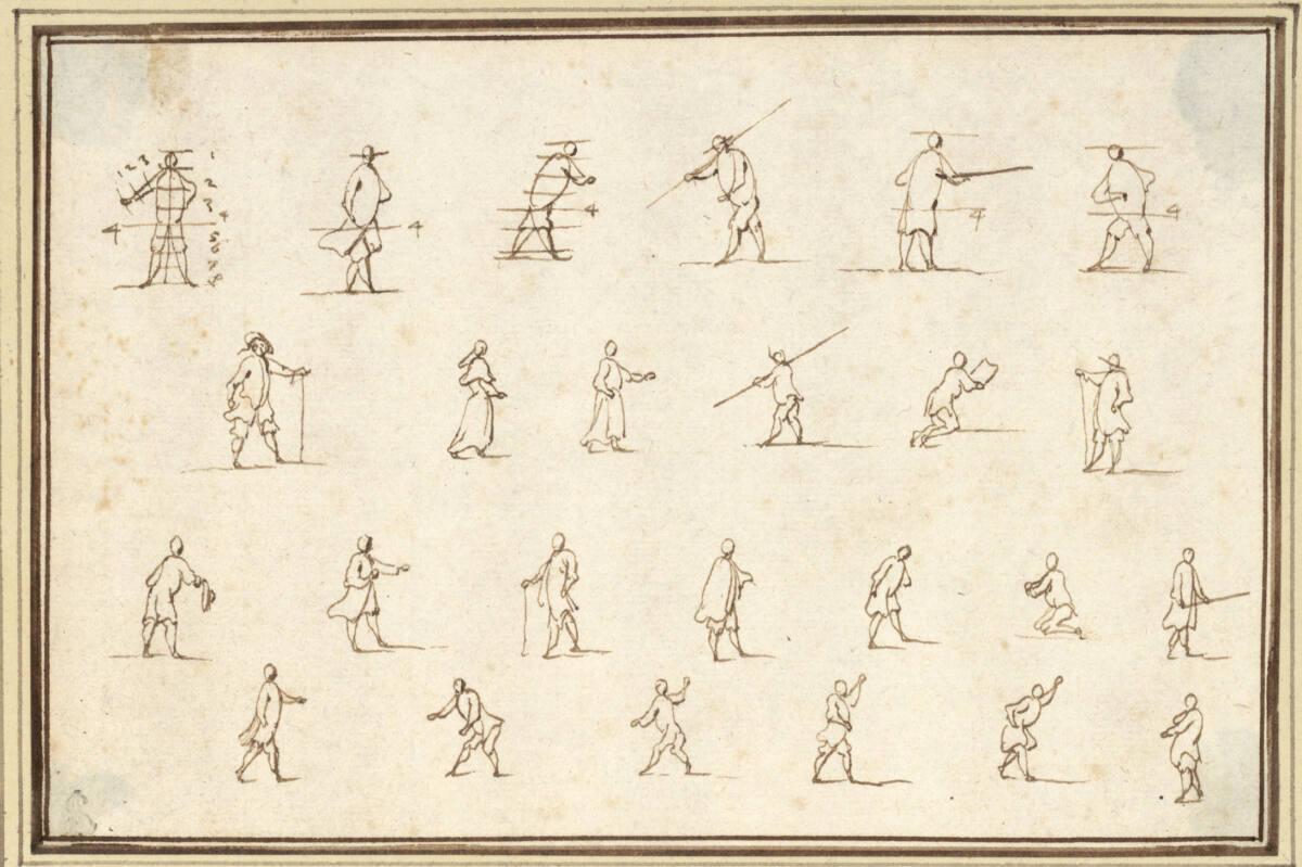 Albert Flamen, Studienblatt mit fünfundzwanzig höfisch bewegten Figuren, teilweise mit Proporti…