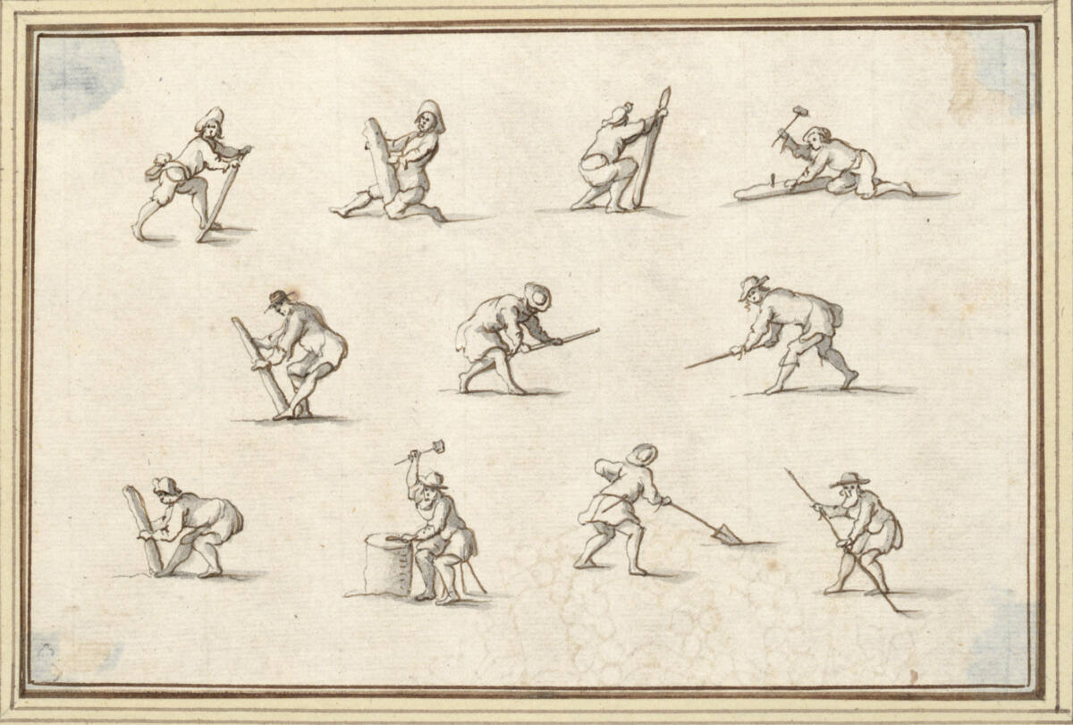 AlbertFlamen, Studienblatt mit elf männlichen Figuren bei Bauarbeiten (V-11)
