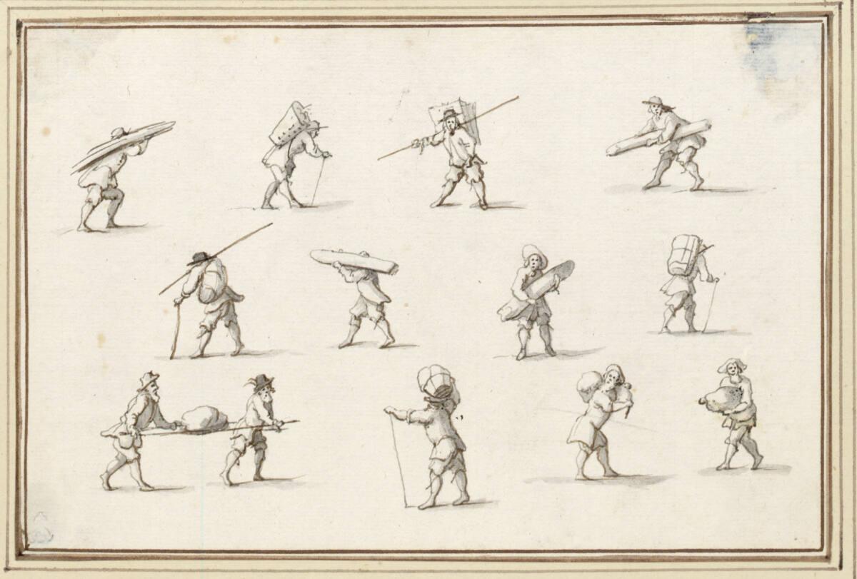 Albert Flamen, Studienblatt mit zwölf männlichen Figuren, welche Planken, Körbe und Säcke trage…