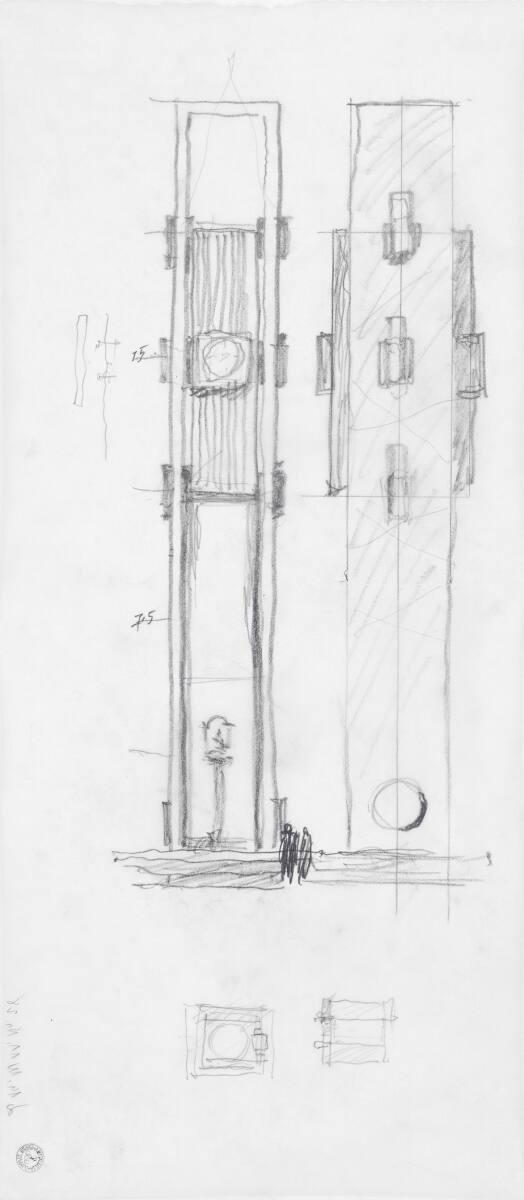 Clemens Holzmeister, Wien, 5. Bezirk, Wiedner Hauptstraße, Gedenkturm; Studie; Variante, Vorder…