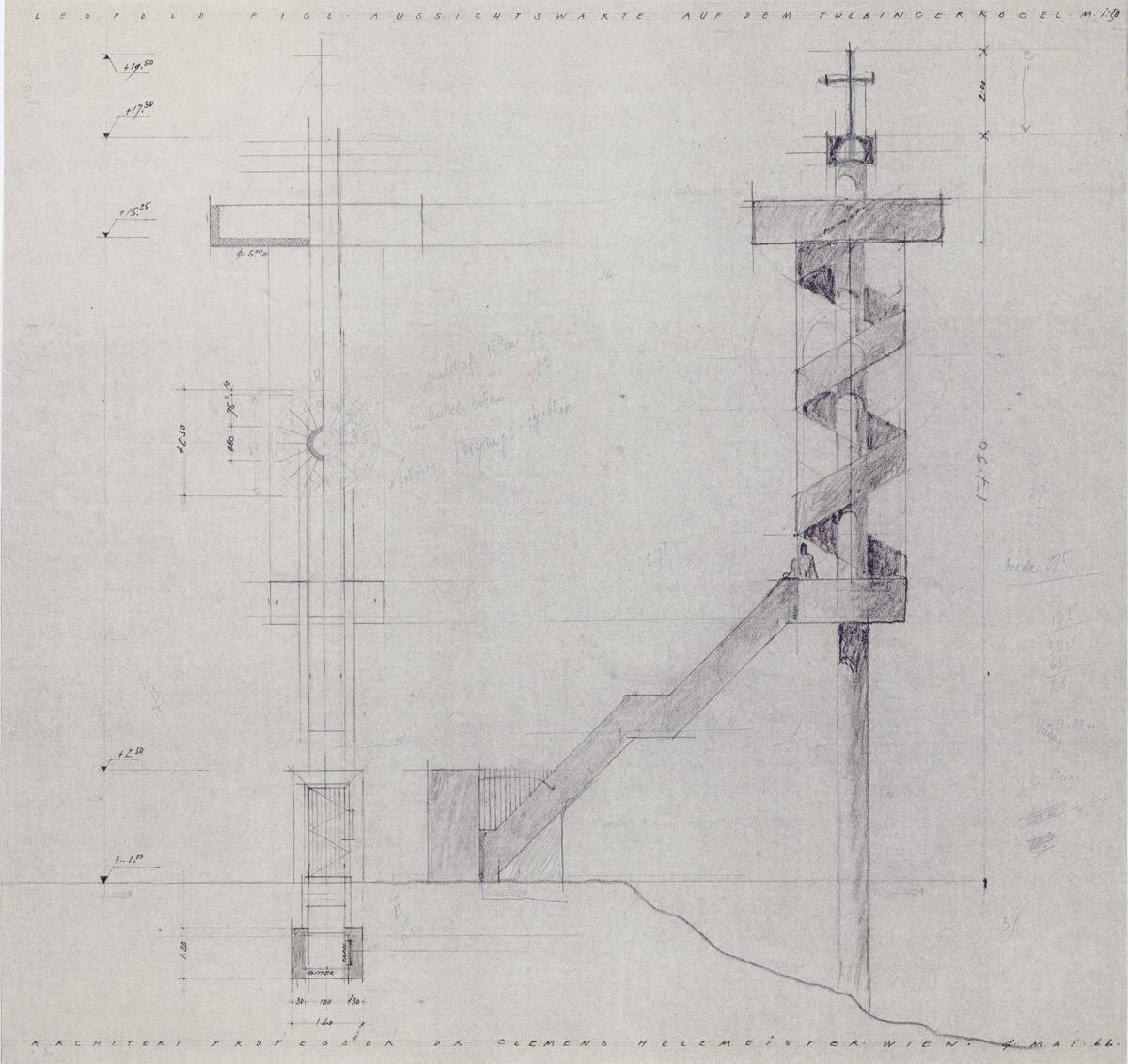 Clemens Holzmeister, Tulbingerkogel, Leopold-Figl-Aussichtswarte; Vertikalschnitt mit Horizonta…