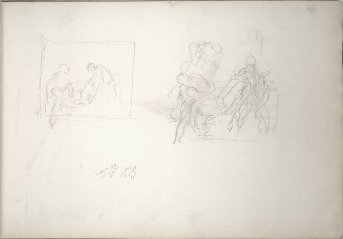 Figurale Kompositionsskizzen; zwei kleine Dackelskizzen (im Skizzenbuch kopfstehend), Hans Canon