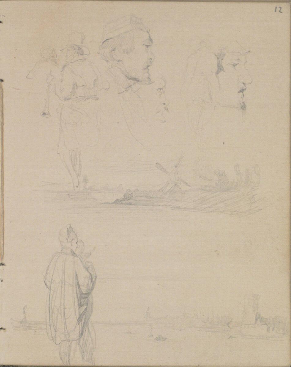 Josef Danhauser, Mehrere Kopf- und Bewegungsstudien eines Mannes; Landschaftsskizzen mit Archit…