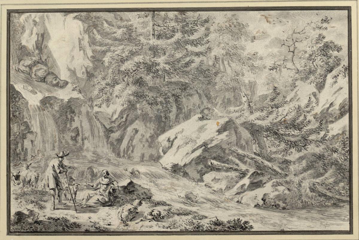 Anonym, Waldlandschaft mit Wasserfall, vorne ein Schafhirte mit rastender Frau im Gespräch, Inv…