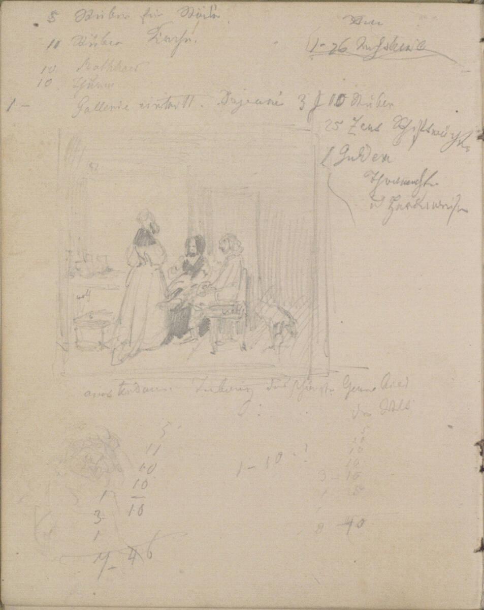 Josef Danhauser, Räumliche Kompositionsskizze mit drei Personen; Notizen, Inv. Nr.: 26559/16v